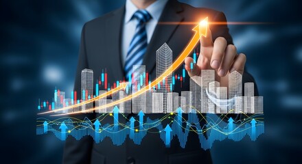 Businessman's Hand Engages Holographic Data Visualization of Upward Growth, Candlestick Charts, and Abstract Cityscape in a High-Tech Environment.