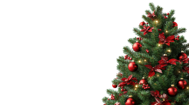 Decorated Christmas tree with red ornaments isolated on a transparent background 