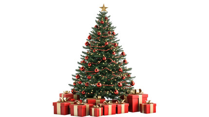 Fototapeta premium Decorated Christmas tree with red presents isolated on a transparent background