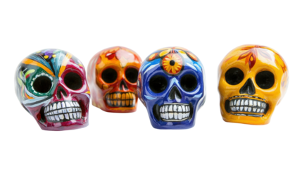Four colorful Mexican sugar skulls isolated on a transparent background