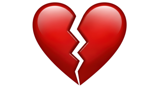 Isolated shiny bright red heart shape broken into two pieces, concept of heartbreak and pain