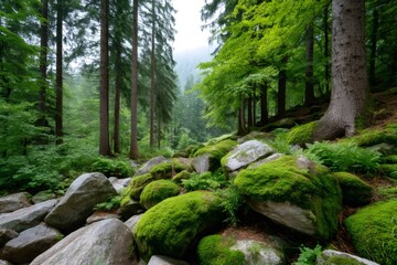 Forest landscape showing moss covered rocks and tall trees