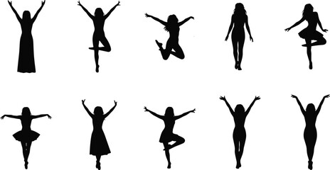 Elegant female dancer silhouettes in expressive poses, ballet and modern dance movements, black vector figures on white background for design use