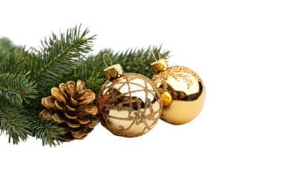 Golden Christmas ornaments fir branch pinecone isolated on a transparent background