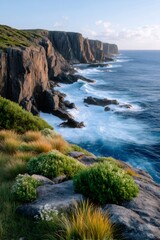 Tasman Island and coastline with rugged cliffs and ocean waves