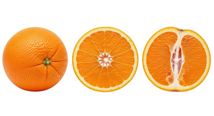 Isolated Citrus Fruit Still Life of Three Oranges including Sliced Orange, Half-Cut Orange