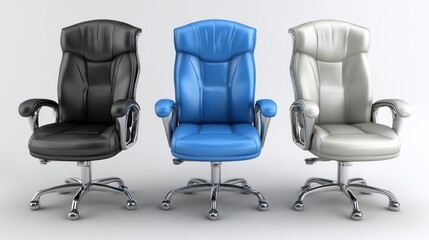 Three office chairs with different colors: black, blue, and silver.