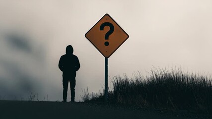 Multiple views of a hooded man standing near a question mark road sign, symbolizing important life choices and the uncertainty of decision making