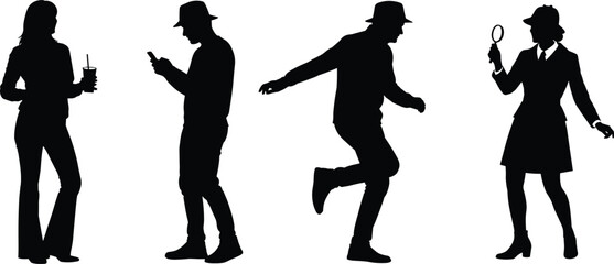 Silhouette people in various poses with hats, dancing, drinking, searching, and using phones on white background for lifestyle concepts.