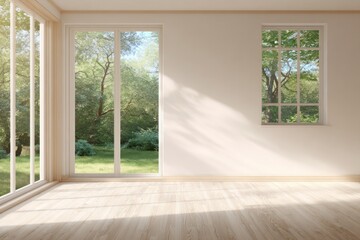 A light-filled, minimalist interior room showcases expansive windows with a verdant view.