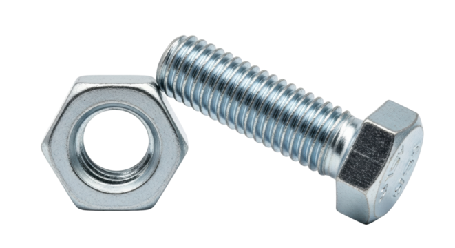 Isolated zinc-plated hex bolt and nut commonly used for fastening in mechanical equipment