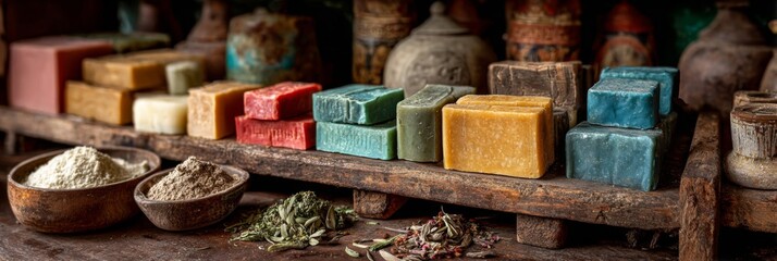 Stacks of vibrant artisan soaps and bowls of dried herbs arranged on wooden shelves with antique vessels and candlelight ambiance. Colorful Handmade Soaps and Dried Herbs in Rustic Display