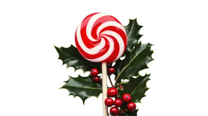 Red White Swirl Lollipop Holly Berries isolated on a transparent background