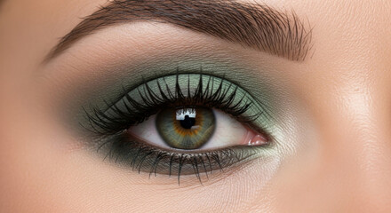 Obraz premium A high-detail, professional close-up photograph of a female eye with perfectly blended sage eyeshadow, showcasing professional makeup artistry