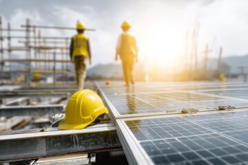 Construction project site featuring new solar panels, green energy theme