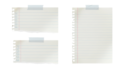 Isolated sheets of paper, notepad pages, list making notes with tape affixed for scrapbook look