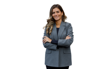 Professional businesswoman smiling confidently, posing with crossed arms, wearing a grey blazer, transparent background
