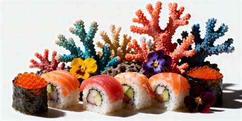 Artistic sushi platter styled as a coral reef with colorful fish roe and edible flowers on white