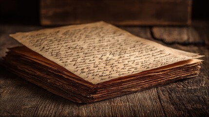 Obraz premium An old, worn-out book with handwritten pages on a wooden table.