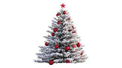 Snow covered Christmas tree with red ornaments isolated on a transparent background