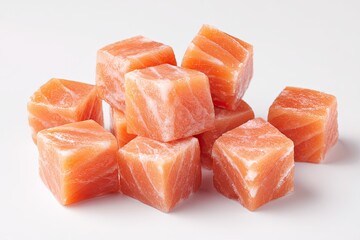 Cubes of raw salmon, piled