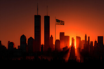 New York skyline silhouette with Towers against the sunset. Patriot Day banner. 9.11.2001