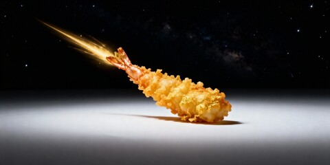 Tempura shrimp shaped like a golden comet, isolated on white background, Asian food celestial fusion