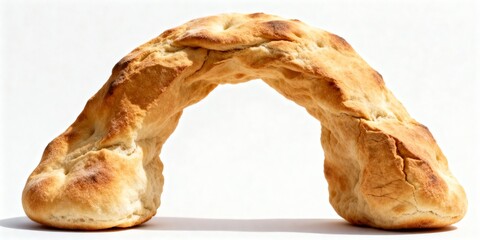 Whole pita bread shaped like desert rock arch on white background, Middle Eastern food concept