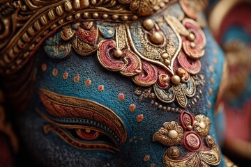 Intricately detailed cultural mask with ornate gold and blue patterns