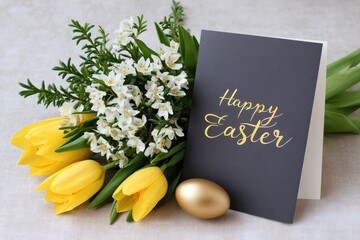 Happy Easter greeting card with tulips and golden egg