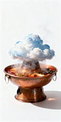 Vibrant hotpot with steam shaped like clouds, Asian culinary art merging food and sky aesthetics