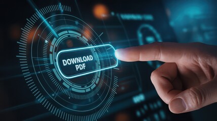 Finger pressing a download PDF button digital technology interface concept for fi