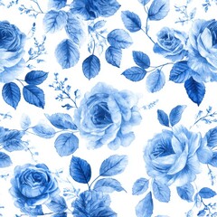 Seamless watercolor pattern featuring blue roses and botanical leaves on a white background, perfect for textiles and design.