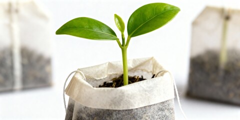 Close-up of teabag with fresh green shoots emerging like a miniature tree on white background
