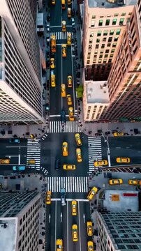 Drone Aerial View of New York City Streets with Yellow Taxis and Skyscrapers