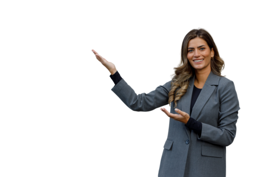 Businesswoman presenting new ideas, showing product or service, gesturing with hands, smiling, explaining, transparent background