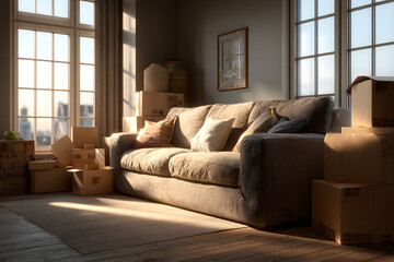 Grey sofas with cardboard boxes in living room on moving day