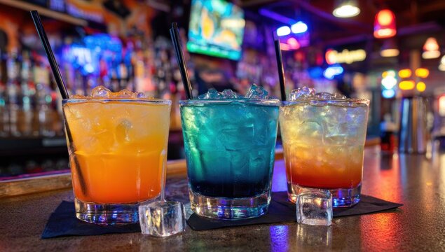 Colorful cocktails with vibrant hues, garnished with ice, sit on a bar top in a lively, dimly lit setting.