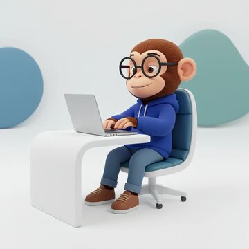  looped Generated video. A monkey is working on a  laptop.