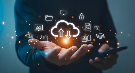 Cloud computing technology concept hand holding cloud with data icons internet storage system