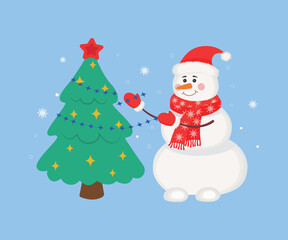 Illustration of a snowman decorating a Christmas tree on the background of a snowy landscape. The concept of winter holidays and Christmas celebrations