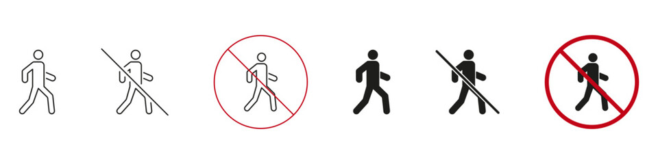 Pedestrian Walking And No Walking Icon Set. Traffic And Safety Sign Outline And Silhouette Symbol Collection. Includes Walking And Prohibited Walking Symbols. Isolated Vector Illustration