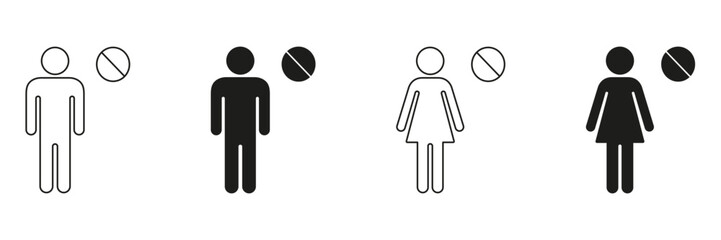Male And Female With Prohibition Sign Icon Set. Gender Representation And Restriction Symbol Collection. Male And Female Figures With No Entry Sign. Isolated Vector Illustration