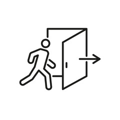 Person Exiting Through Door Line Icon. Emergency Exit, Evacuation Route, And Safety Signage Outline Symbol. Directional Guidance For Safe Egress. Editable Stroke. Isolated Vector Illustration