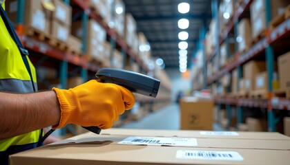 Warehouse Inventory Management Scanning Packages Distribution Center Close-Up Industrial Environment Efficient Operations