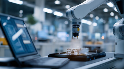 Engineers test a robotic vision system in a factory lab, with cameras scanning, screens displaying object recognition, tools calibrating lenses, and a prototype part on a table, depicted in a high-t