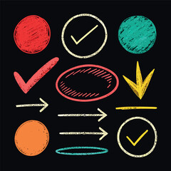 Hand-drawn doodle style colorful icons with circles, arrows, check marks, and symbols