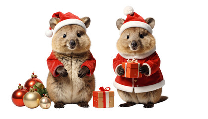 Cute Christmas quokka pair in Santa suit isolated on transparent background