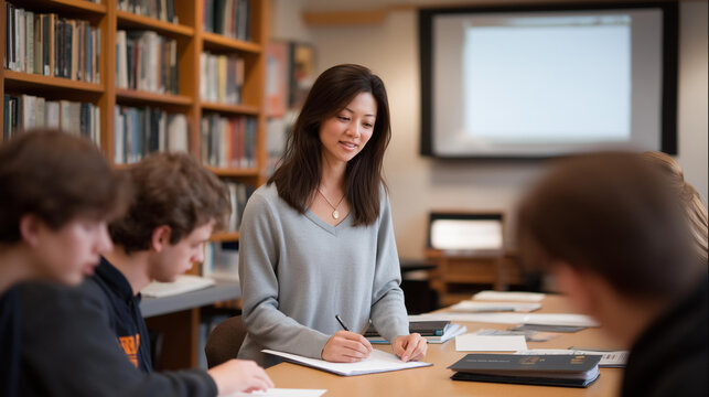 A librarian teaches a research workshop in a library classroom, with a projector beaming, handouts stacked, students taking notes, and bookshelves lining the walls, presented in a educational photo 