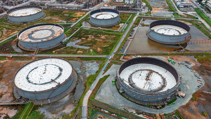 Aerial view oil refinery and gas storage tank petrochemical plant industrial.